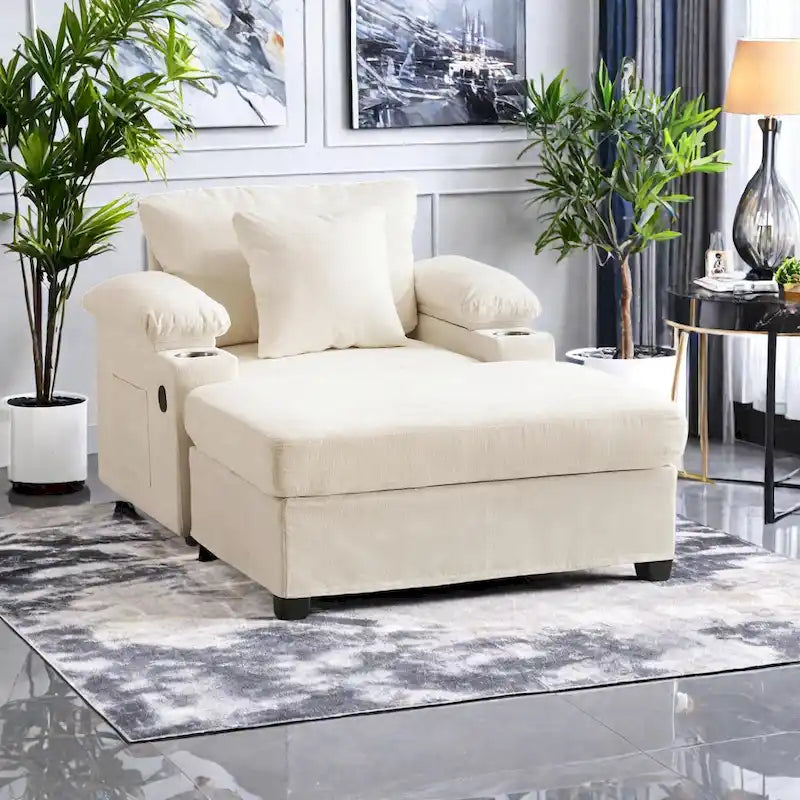 Fauteuil d'appoint surdimensionné en chenille avec pouf, ports de charge USB et canapé-lit convertible