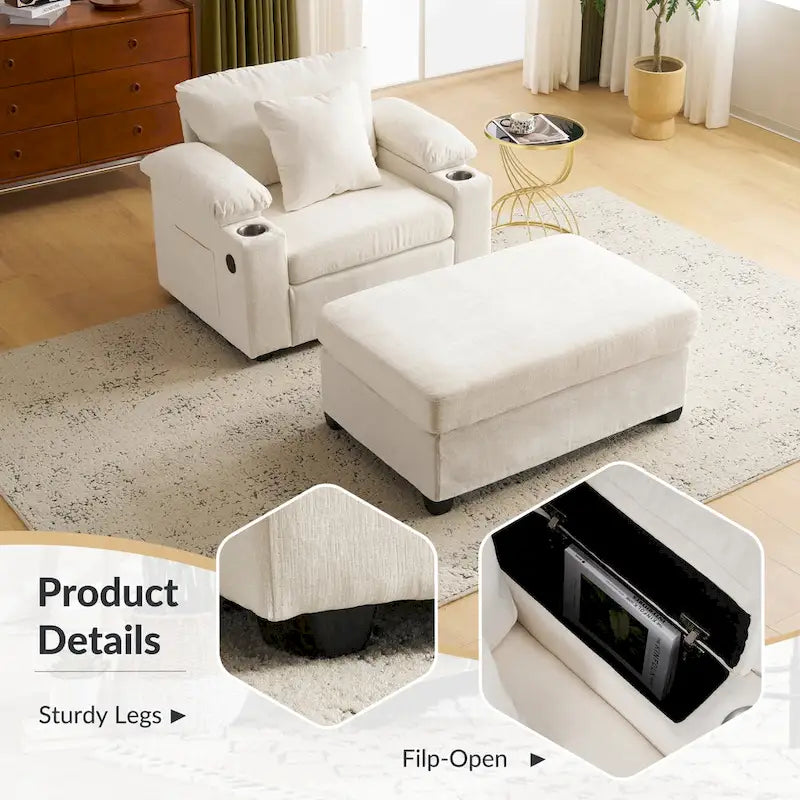 Fauteuil d'appoint surdimensionné en chenille avec pouf, ports de charge USB et canapé-lit convertible