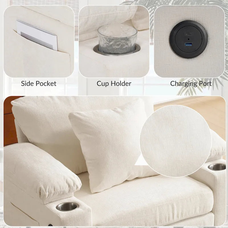 Fauteuil d'appoint surdimensionné en chenille avec pouf, ports de charge USB et canapé-lit convertible