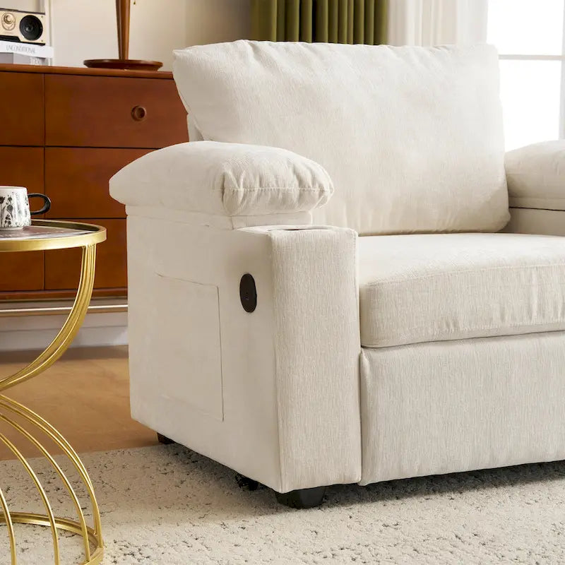 Fauteuil d'appoint surdimensionné en chenille avec pouf, ports de charge USB et canapé-lit convertible