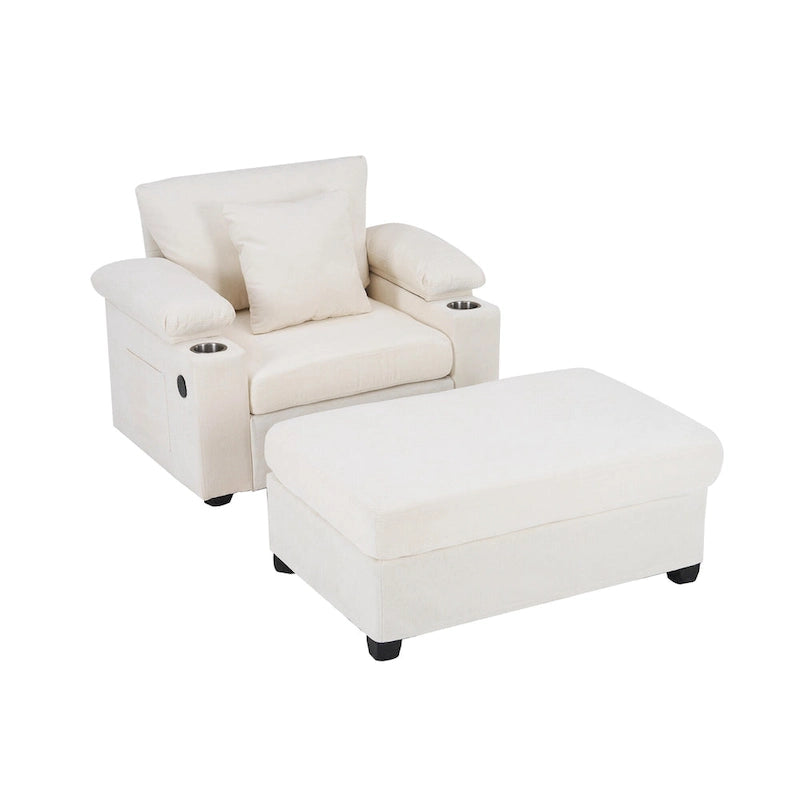 Fauteuil d'appoint surdimensionné en chenille avec pouf, ports de charge USB et canapé-lit convertible