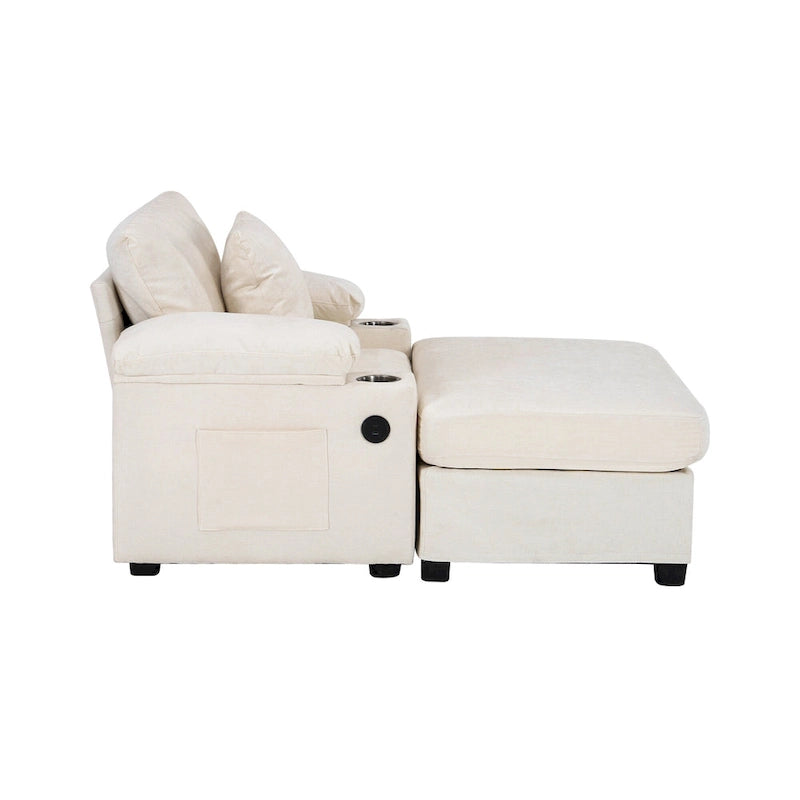 Fauteuil d'appoint surdimensionné en chenille avec pouf, ports de charge USB et canapé-lit convertible