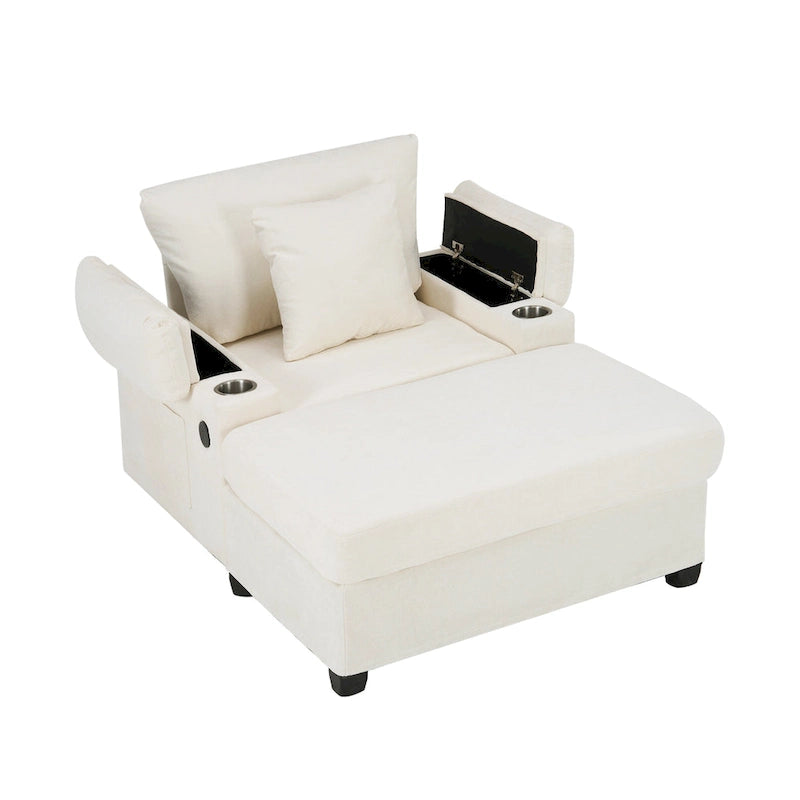 Fauteuil d'appoint surdimensionné en chenille avec pouf, ports de charge USB et canapé-lit convertible