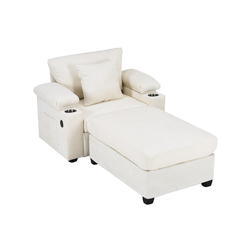 Fauteuil d'appoint surdimensionné en chenille avec pouf, ports de charge USB et canapé-lit convertible