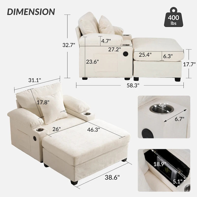 Fauteuil d'appoint surdimensionné en chenille avec pouf, ports de charge USB et canapé-lit convertible