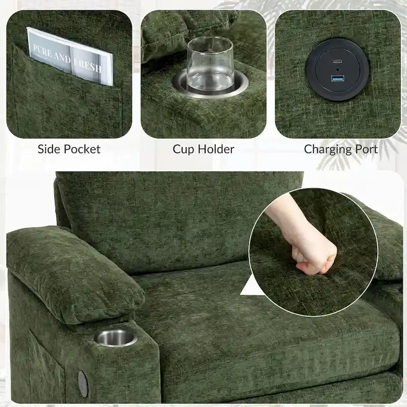 Fauteuil d'appoint surdimensionné en chenille avec pouf, ports de charge USB et canapé-lit convertible