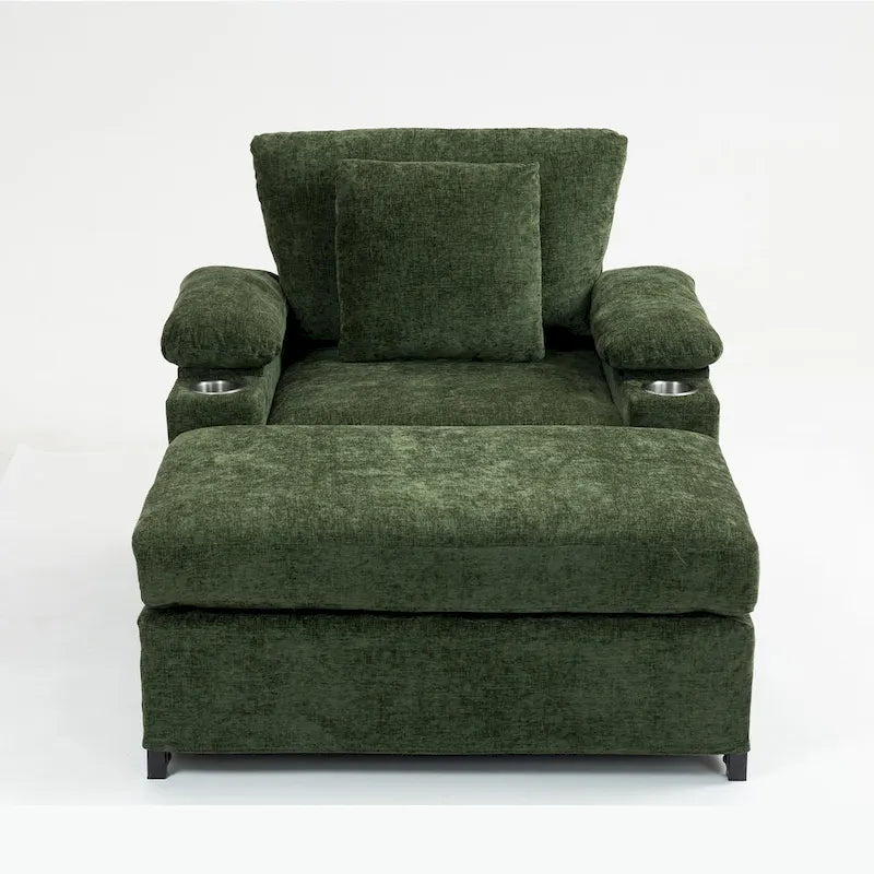 Fauteuil d'appoint surdimensionné en chenille avec pouf, ports de charge USB et canapé-lit convertible