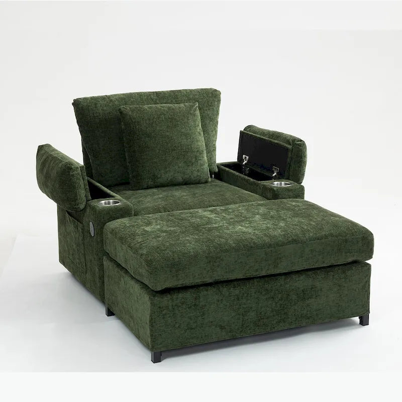 Fauteuil d'appoint surdimensionné en chenille avec pouf, ports de charge USB et canapé-lit convertible