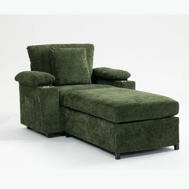 Fauteuil d'appoint surdimensionné en chenille avec pouf, ports de charge USB et canapé-lit convertible