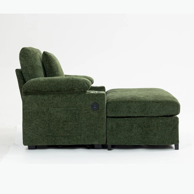 Fauteuil d'appoint surdimensionné en chenille avec pouf, ports de charge USB et canapé-lit convertible