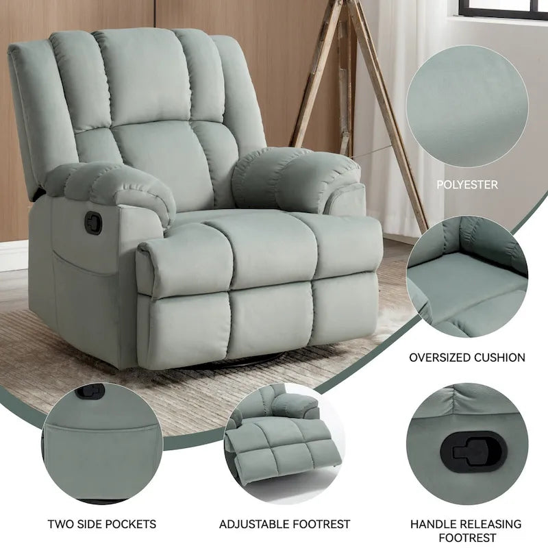 Fauteuil inclinable manuel vert surdimensionné avec pivotement, basculement et revêtement en tissu