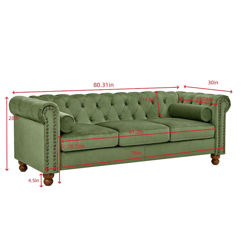 Canapé 3 places Chesterfield en velours vert, capitonnage et accoudoirs volutes