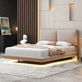 Lit plateforme flottant en velours beige/gris avec éclairage à détecteur de mouvement – Grand lit / Très grand lit, 2 places
