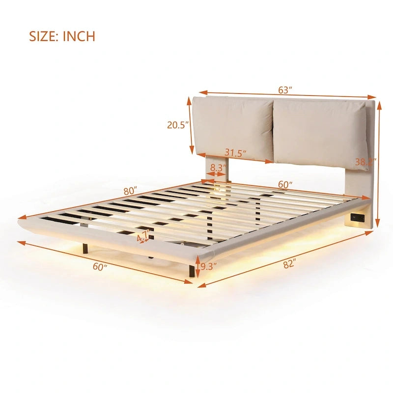 Lit plateforme flottant en velours beige/gris avec éclairage à détecteur de mouvement – Grand lit / Très grand lit, 2 places