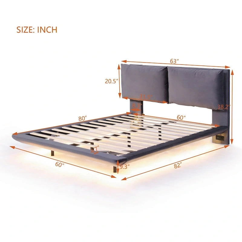 Lit plateforme flottant en velours beige/gris avec éclairage à détecteur de mouvement – Grand lit / Très grand lit, 2 places