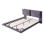 Lit plateforme flottant en velours beige/gris avec éclairage à détecteur de mouvement – Grand lit / Très grand lit, 2 places