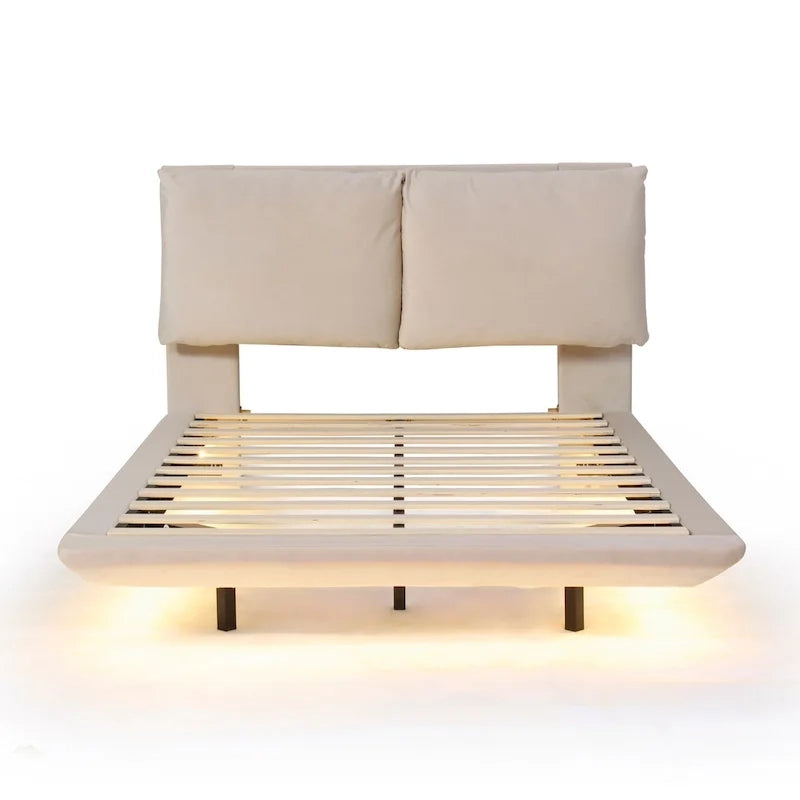 Lit plateforme flottant en velours beige/gris avec éclairage à détecteur de mouvement – Grand lit / Très grand lit, 2 places
