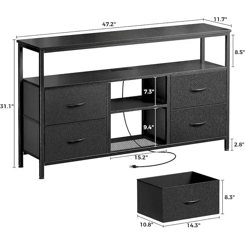 Meuble TV LED avec prises électriques, 4 tiroirs et étagère ouverte, finition PU noir