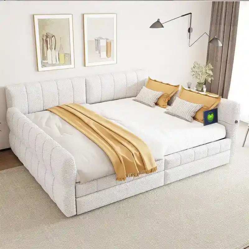 Lit de repos rembourré Queen Size avec 2 tiroirs de rangement, Cadre de lit de repos moderne avec port USB et accoudoir