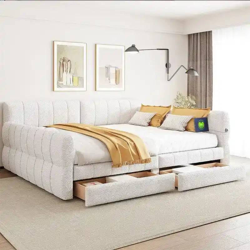 Lit de repos rembourré Queen Size avec 2 tiroirs de rangement, Cadre de lit de repos moderne avec port USB et accoudoir