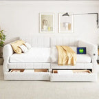 Lit de repos rembourré Queen Size avec 2 tiroirs de rangement, Cadre de lit de repos moderne avec port USB et accoudoir