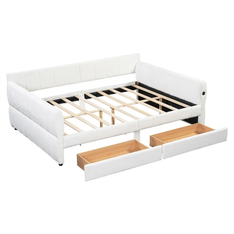 Lit de repos rembourré Queen Size avec 2 tiroirs de rangement, Cadre de lit de repos moderne avec port USB et accoudoir
