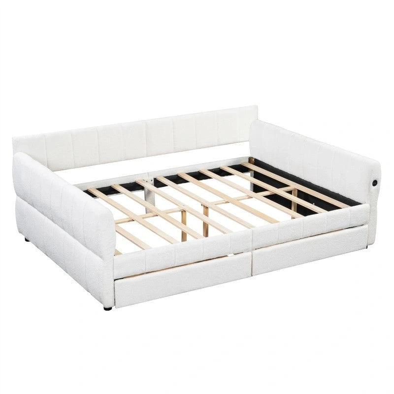 Lit de repos rembourré Queen Size avec 2 tiroirs de rangement, Cadre de lit de repos moderne avec port USB et accoudoir