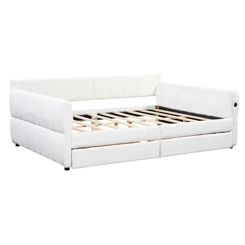 Lit de repos rembourré Queen Size avec 2 tiroirs de rangement, Cadre de lit de repos moderne avec port USB et accoudoir