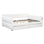 Lit de repos rembourré Queen Size avec 2 tiroirs de rangement, Cadre de lit de repos moderne avec port USB et accoudoir