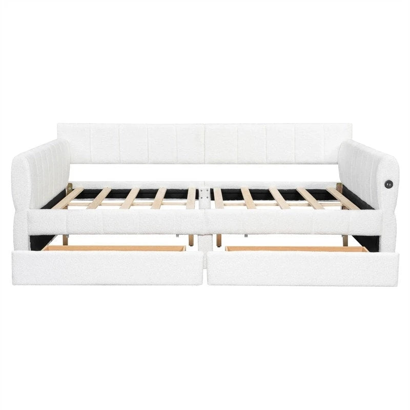 Lit de repos rembourré Queen Size avec 2 tiroirs de rangement, Cadre de lit de repos moderne avec port USB et accoudoir