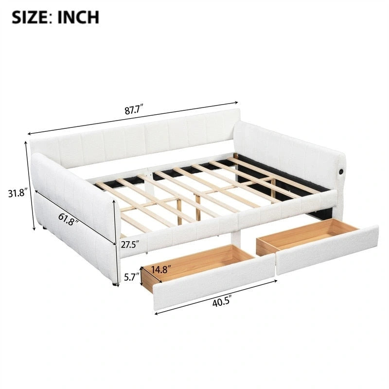 Lit de repos rembourré Queen Size avec 2 tiroirs de rangement, Cadre de lit de repos moderne avec port USB et accoudoir