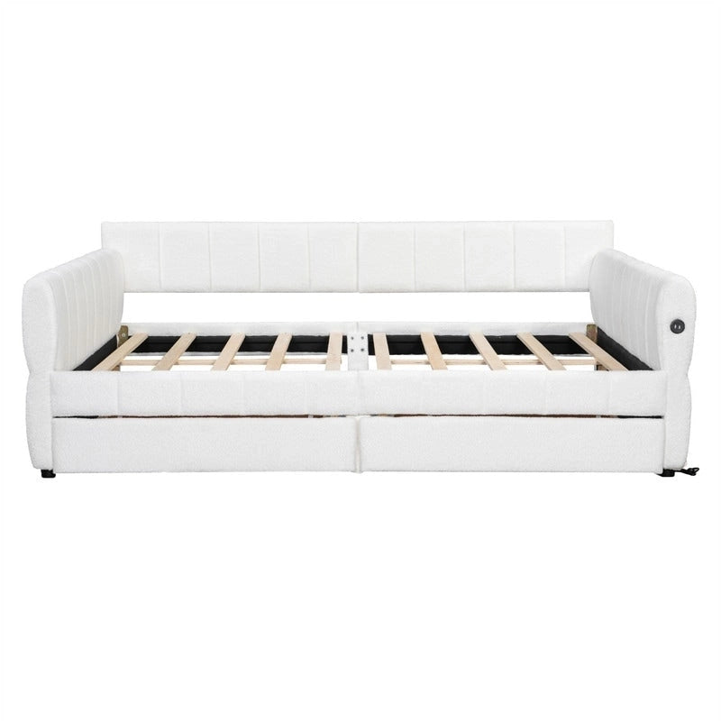 Lit de repos rembourré Queen Size avec 2 tiroirs de rangement, Cadre de lit de repos moderne avec port USB et accoudoir