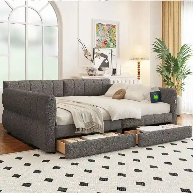 Lit de repos rembourré Queen Size avec 2 tiroirs de rangement, Cadre de lit de repos moderne avec port USB et accoudoir