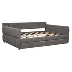 Lit de repos rembourré Queen Size avec 2 tiroirs de rangement, Cadre de lit de repos moderne avec port USB et accoudoir