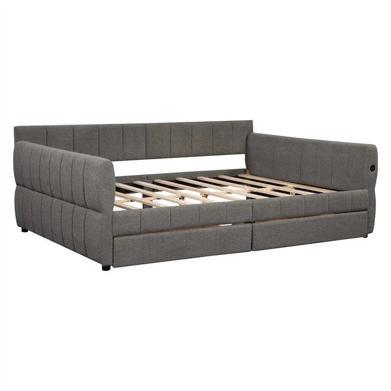 Lit de repos rembourré Queen Size avec 2 tiroirs de rangement, Cadre de lit de repos moderne avec port USB et accoudoir