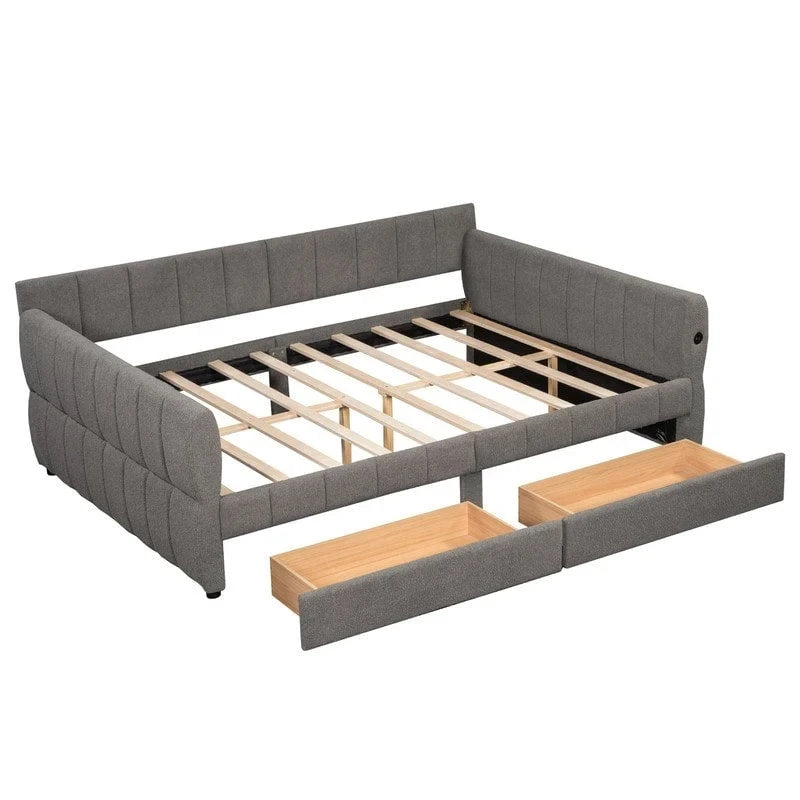 Lit de repos rembourré Queen Size avec 2 tiroirs de rangement, Cadre de lit de repos moderne avec port USB et accoudoir