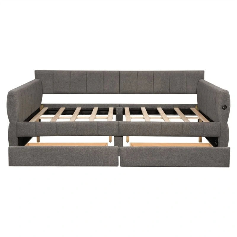 Lit de repos rembourré Queen Size avec 2 tiroirs de rangement, Cadre de lit de repos moderne avec port USB et accoudoir