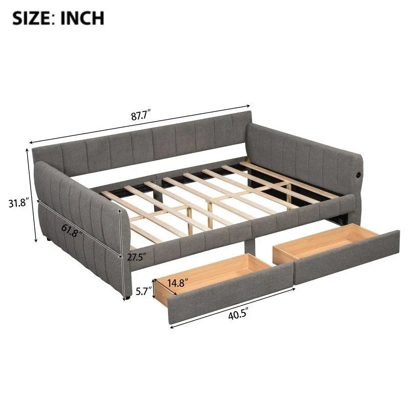 Lit de repos rembourré Queen Size avec 2 tiroirs de rangement, Cadre de lit de repos moderne avec port USB et accoudoir