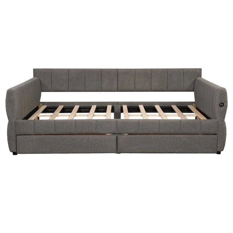 Lit de repos rembourré Queen Size avec 2 tiroirs de rangement, Cadre de lit de repos moderne avec port USB et accoudoir