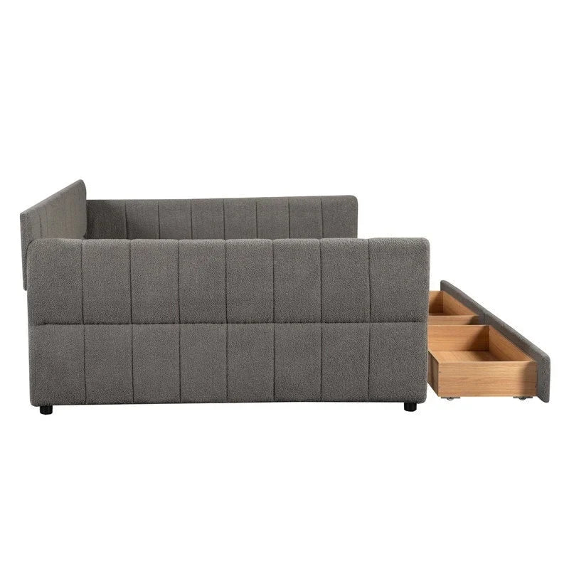 Lit de repos rembourré Queen Size avec 2 tiroirs de rangement, Cadre de lit de repos moderne avec port USB et accoudoir