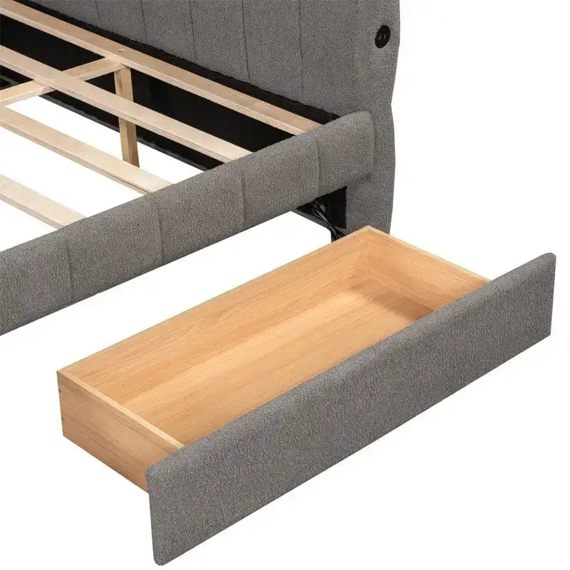 Lit de repos rembourré Queen Size avec 2 tiroirs de rangement, Cadre de lit de repos moderne avec port USB et accoudoir