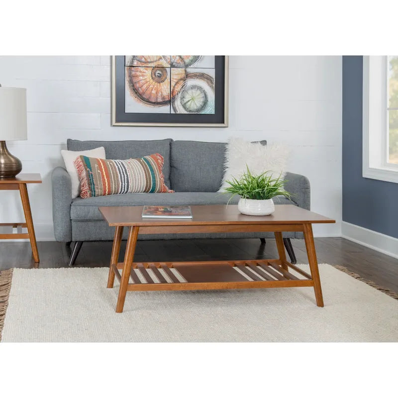 Table basse marron Mid-Century avec étagère inférieure, 119 cm, 1 place