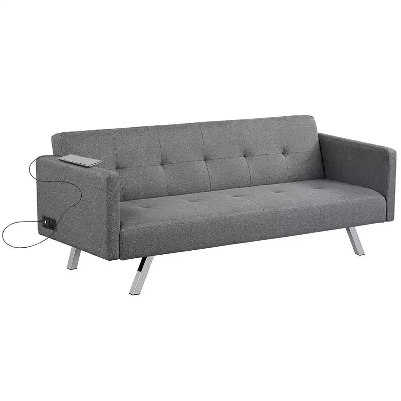 Costway Canapé-Lit Futon Convertible Pliant Inclinable avec Ports USB et Multiprise Gris/Bleu