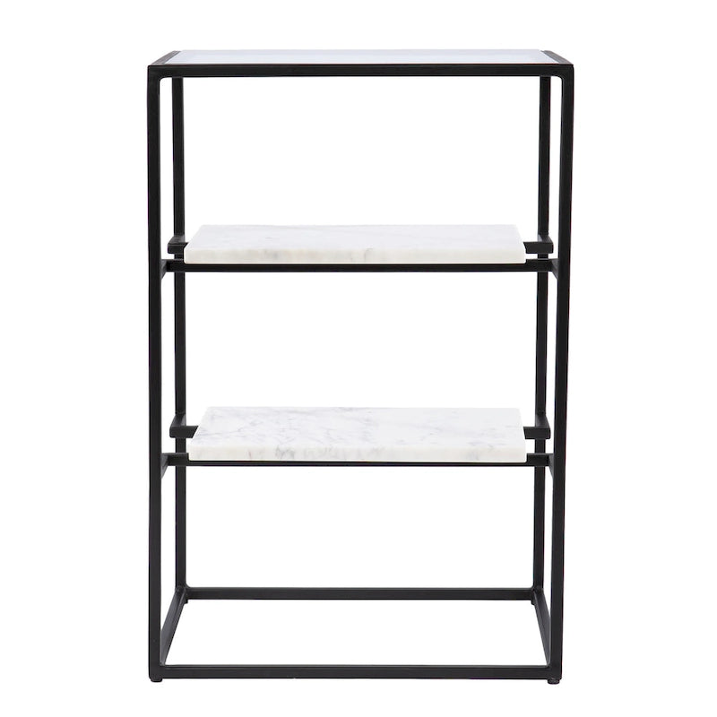 Table d'appoint avec plateau en verre et étagères en marbre SEI Furniture Piesby, noir/blanc