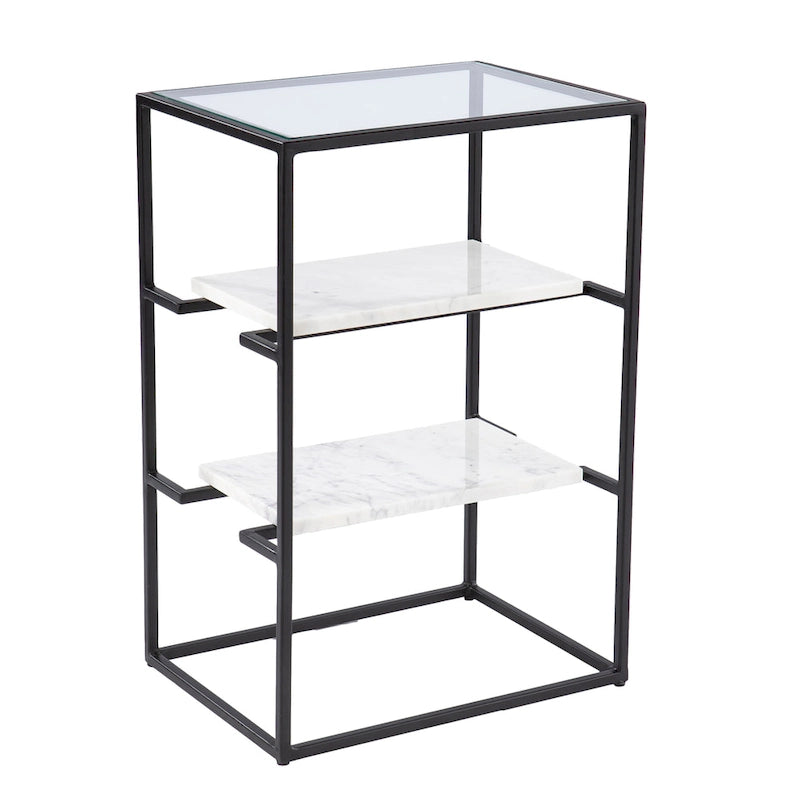 Table d'appoint avec plateau en verre et étagères en marbre SEI Furniture Piesby, noir/blanc