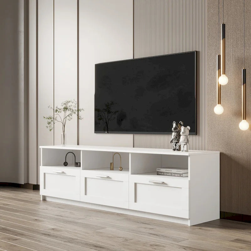 Meuble TV Blanc Moderne Minimaliste Commode Rangement 3 Tiroirs Pour 80 Pouces - 16.14 x 70.87 x 20.87
