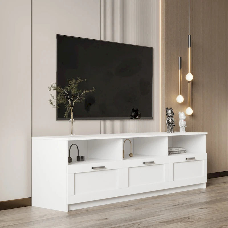 Meuble TV Blanc Moderne Minimaliste Commode Rangement 3 Tiroirs Pour 80 Pouces - 16.14 x 70.87 x 20.87
