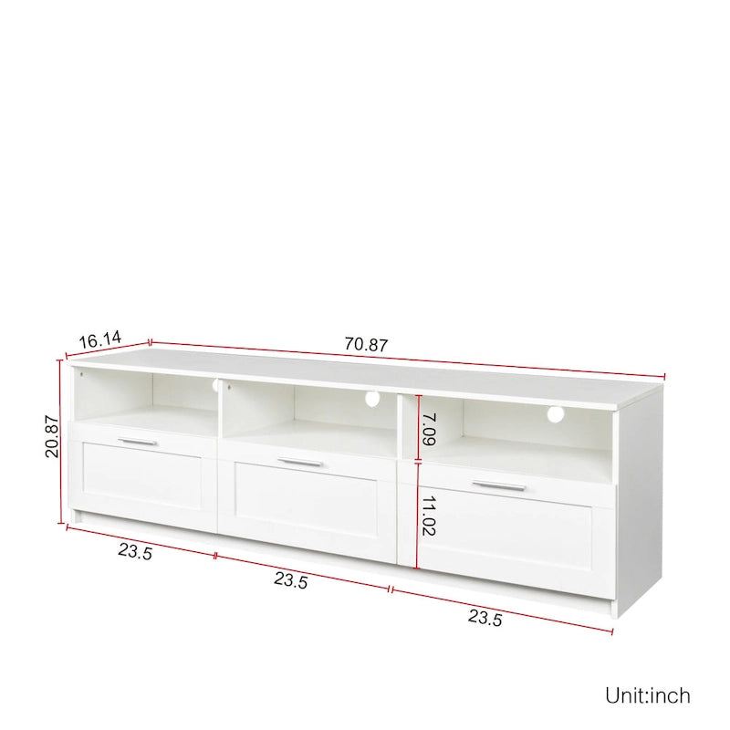 Meuble TV Blanc Moderne Minimaliste Commode Rangement 3 Tiroirs Pour 80 Pouces - 16.14 x 70.87 x 20.87