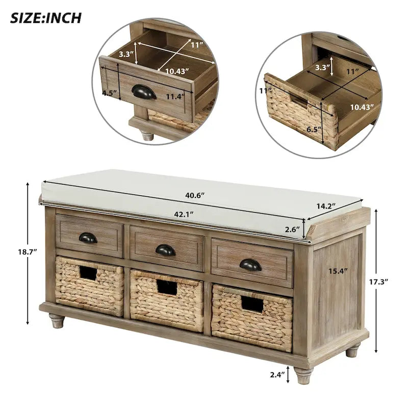 Banc de rangement rustique TREXM avec tiroirs et paniers en rotin