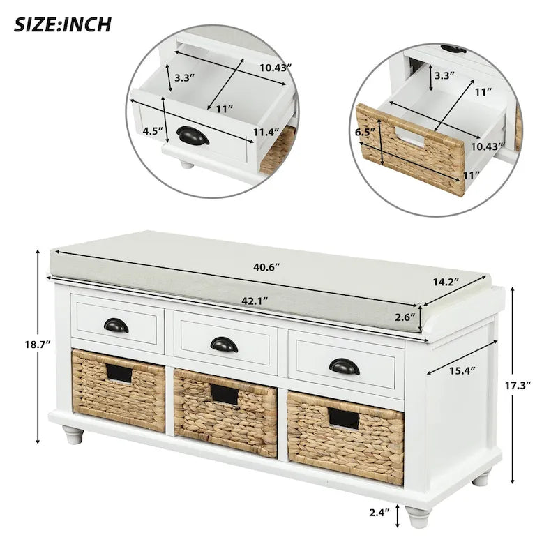 Banc de rangement rustique TREXM avec tiroirs et paniers en rotin